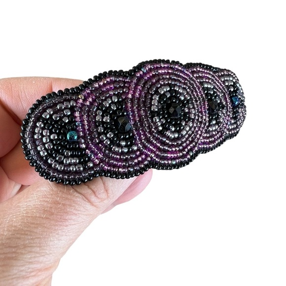 Vintage Seed Beaded Overlapping Circle Hair Clip Purple Black Taiwan 4” - Picture 6 of 13